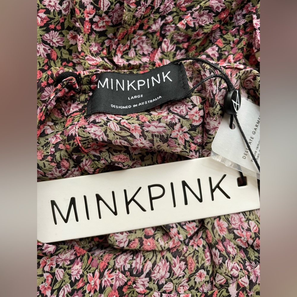 MINKPINK Floral Long Sleeve Tiered Mini Dress in Pink and Brown - Picture 4 of 5
